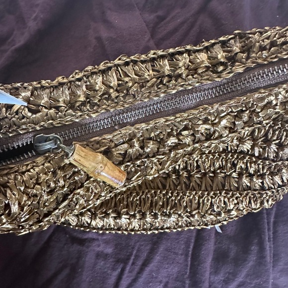 Trina Turk Metallic Gold Woven Straw Hobo Slouchy Shoulder Bag Bamboo Handle NWT - Picture 4 of 6